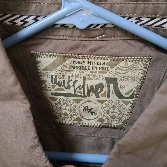 QUICKSILVER Olive Green Distressed  Button Front Shirt SZ XL Cotton Blend Kahk - Picture 7 of 9